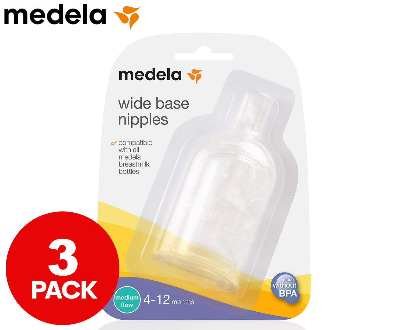 Medela Medium Flow Nipples with Wide Base, 3 Pack, Baby Age 4-12 Months
