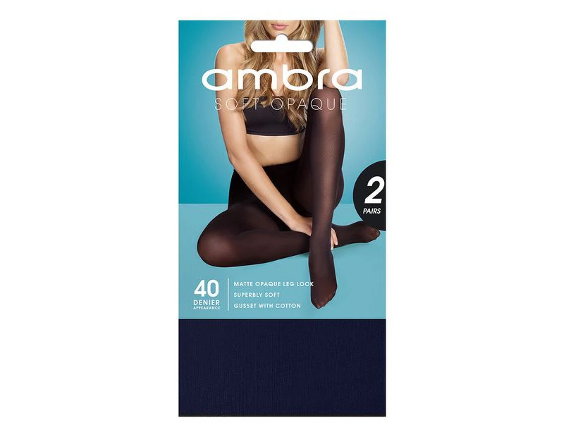 Ambra 2 Pack 40 Denier Soft Opaque Tights - Navy Blue - Blue