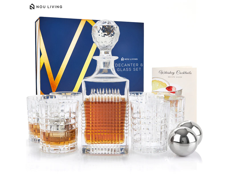 Nou Living Luxury Crystal Whiskey Decanter Set with 6 Crystal Whiskey Glasses | 11-Piece Whisky Decanter Gift Set | GRAND