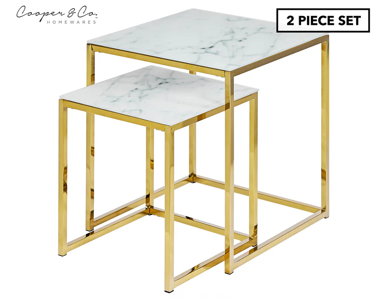 Cooper & Co. 2-Piece Ali Square Nested Glass Marble Table Set - White/Gold