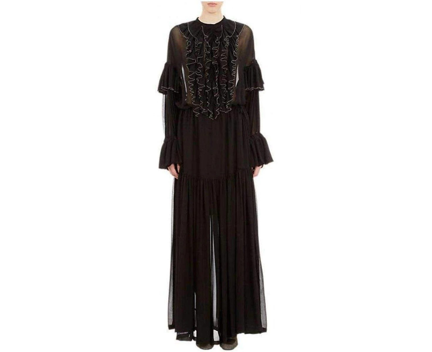 Dries Van Noten Black Beaded Ruffle Silk Chiffon Dress