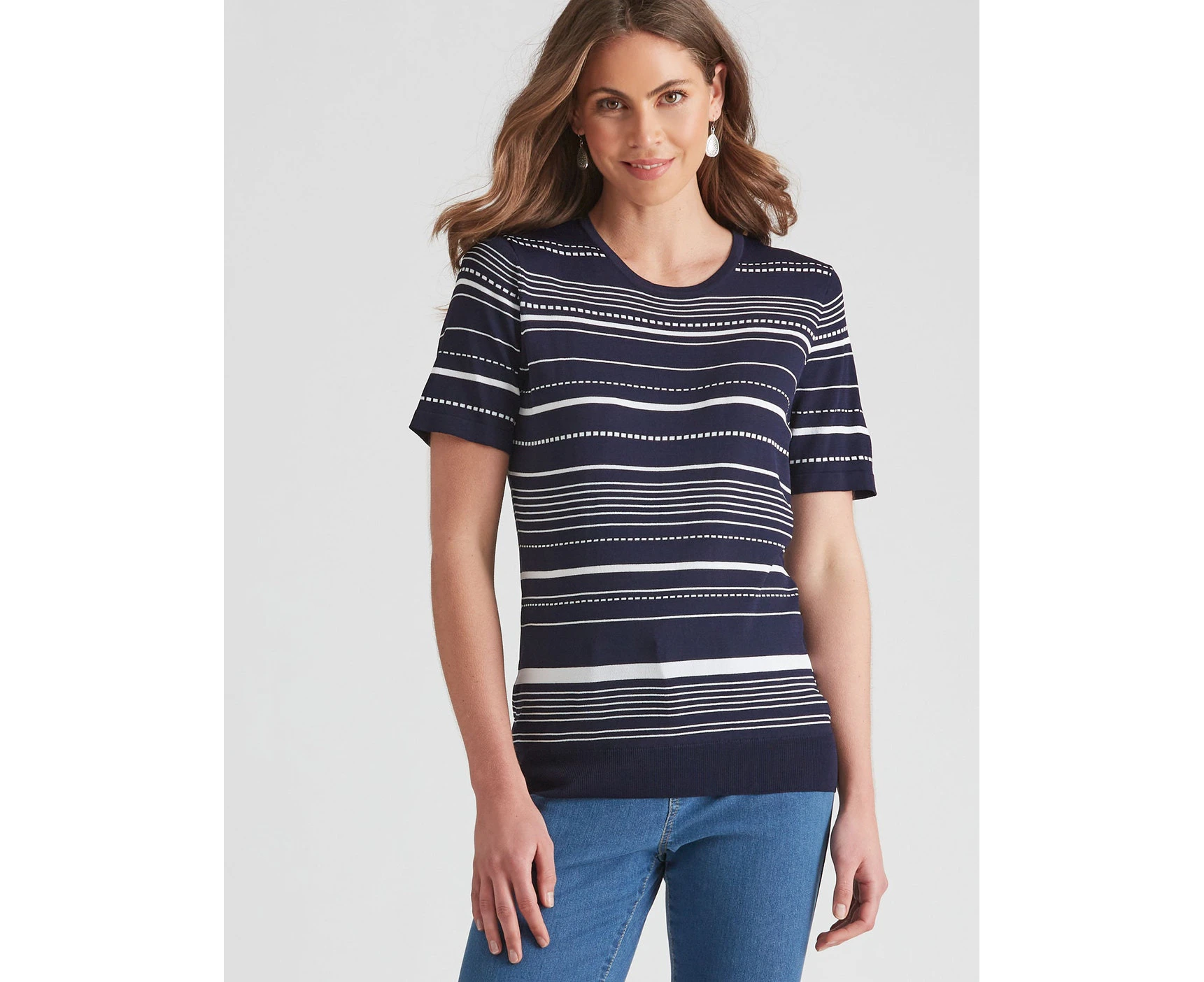 W Lane - Womens - Tops - Summer - Henley - Jersey - Blue - Short Sleeve - Scoop Neck - Fitted - Length Regular - Navy Striped - Casual Work Clothes