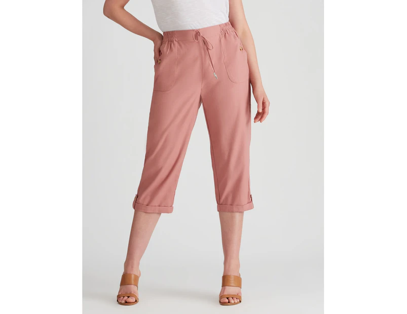 Rockmans Crop Linen Pant - Womens - Coral