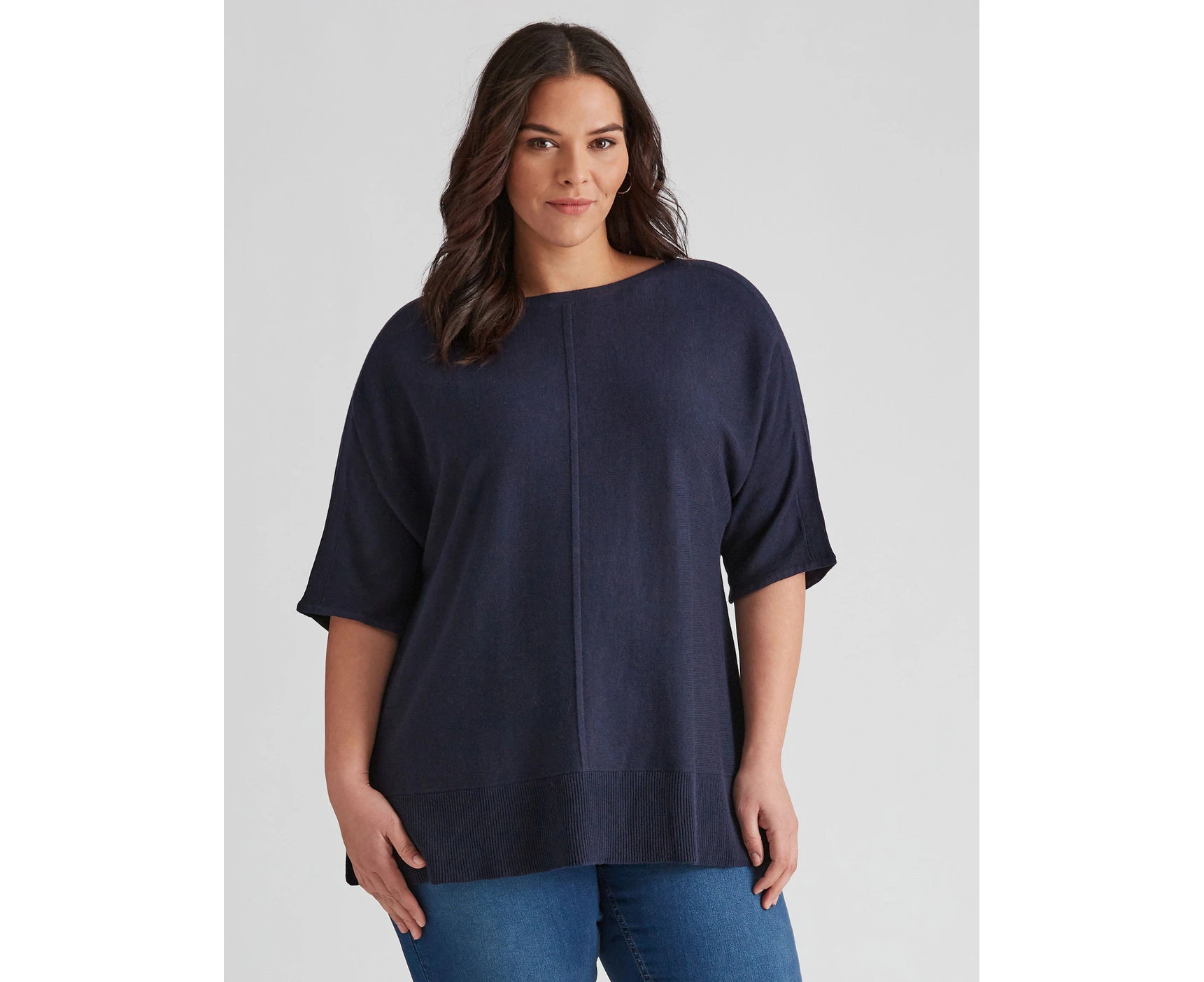 Autograph - Plus Size - Womens Jumper - Long Winter Sweater Blue Pullover Cotton - Knitwear - Short Sleeve - Navy Relaxed Fit Boat Neck Seamed Front