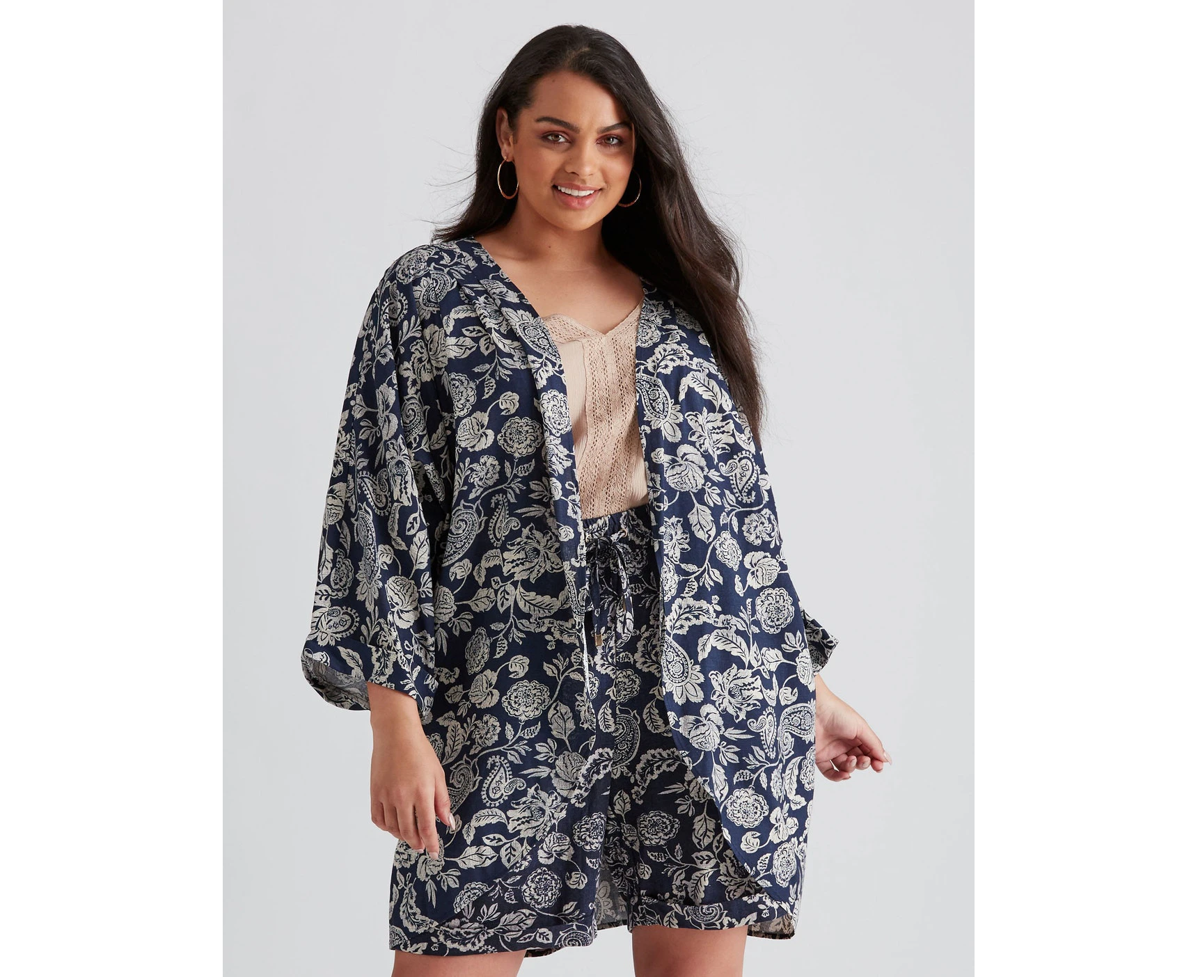 BeMe - Womens Plus Size - Tops - Summer - Kimono - Blue Linen - 3/4 Sleeve - V Neck - Oversized - Length Long - Navy Multi Paisley - Work Clothes