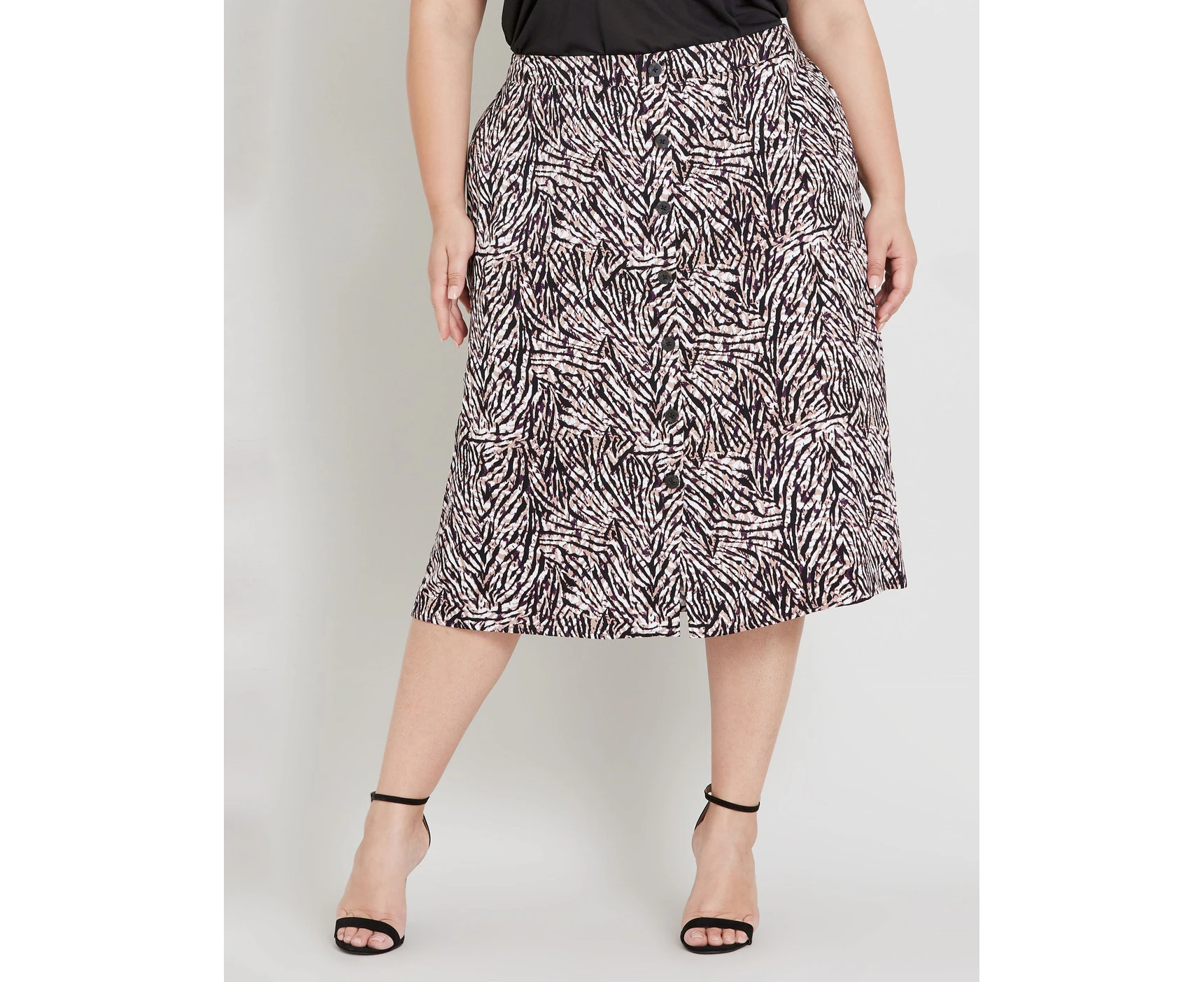 BeMe - Plus Size - Womens Skirts - Midi - Summer - Brown - Linen - A Line - Work - Zebra - Relaxed Fit - Button Down - Zebra - Knee Length - Fashion