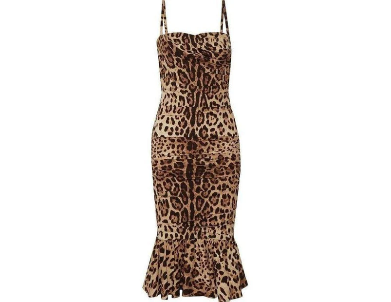 Dolce & Gabbana Ruched Leopard Print Silk Cady Midi Dress