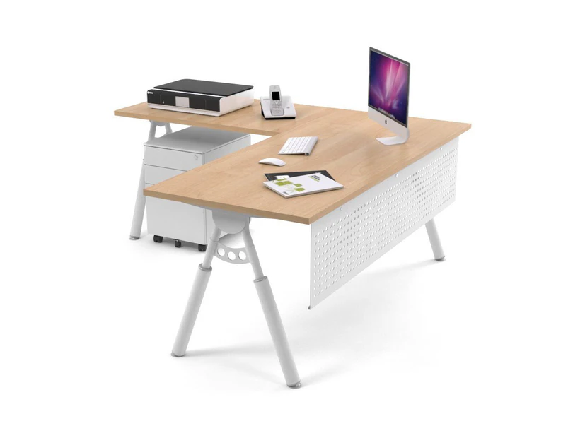 Elements 1000 - L-Shaped Corner Office Desk White JC Leg [1800L x 1800W] - maple, white modesty