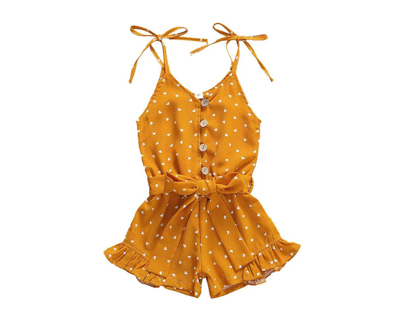 Dadawen Baby Girl Clothes Self Tie Sleeveless Romper Heart Shape Print Jumpsuit-Yellow