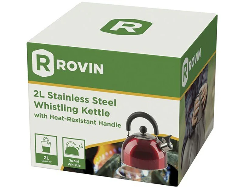 Rovin Red Stainless Steel Whistling 2L Kettle with Heat Resistant Handle TCC216