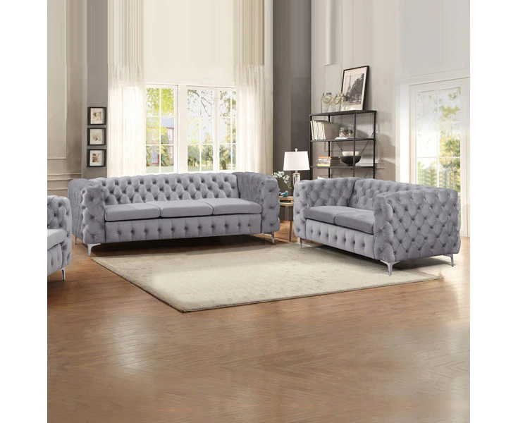 3+2 Seater Sofa Classic Button Tufted Lounge in Grey Velvet Fabric with Metal Legs