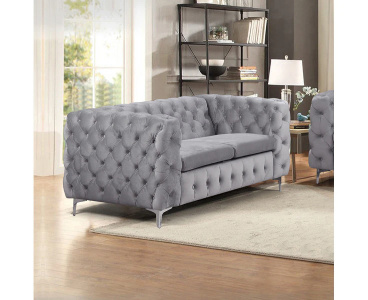 2 Seater Sofa Classic Button Tufted Lounge in Grey Velvet Fabric with Metal Legs