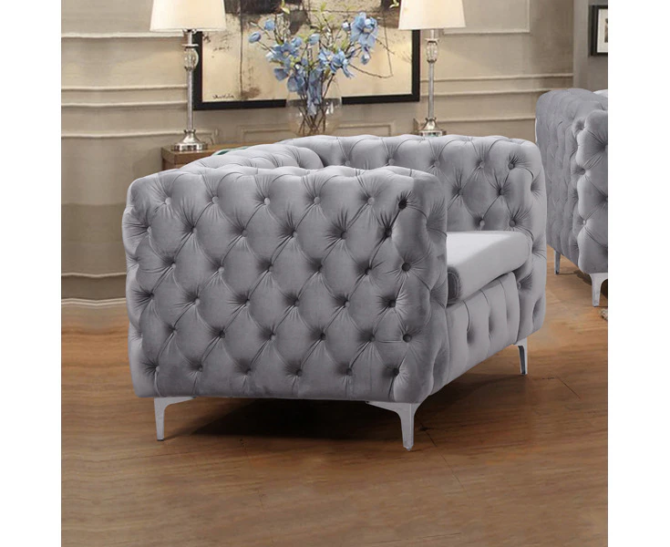 Single Seater Grey Sofa Classic Armchair Button Tufted in Velvet Fabric with Metal Legs