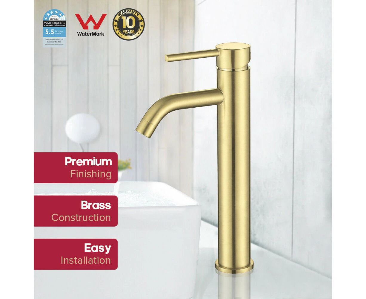 Decaura Brushed Gold Tall Basin Mixer Vanity Sink Tap High Faucet Curved Bath Spout WELS