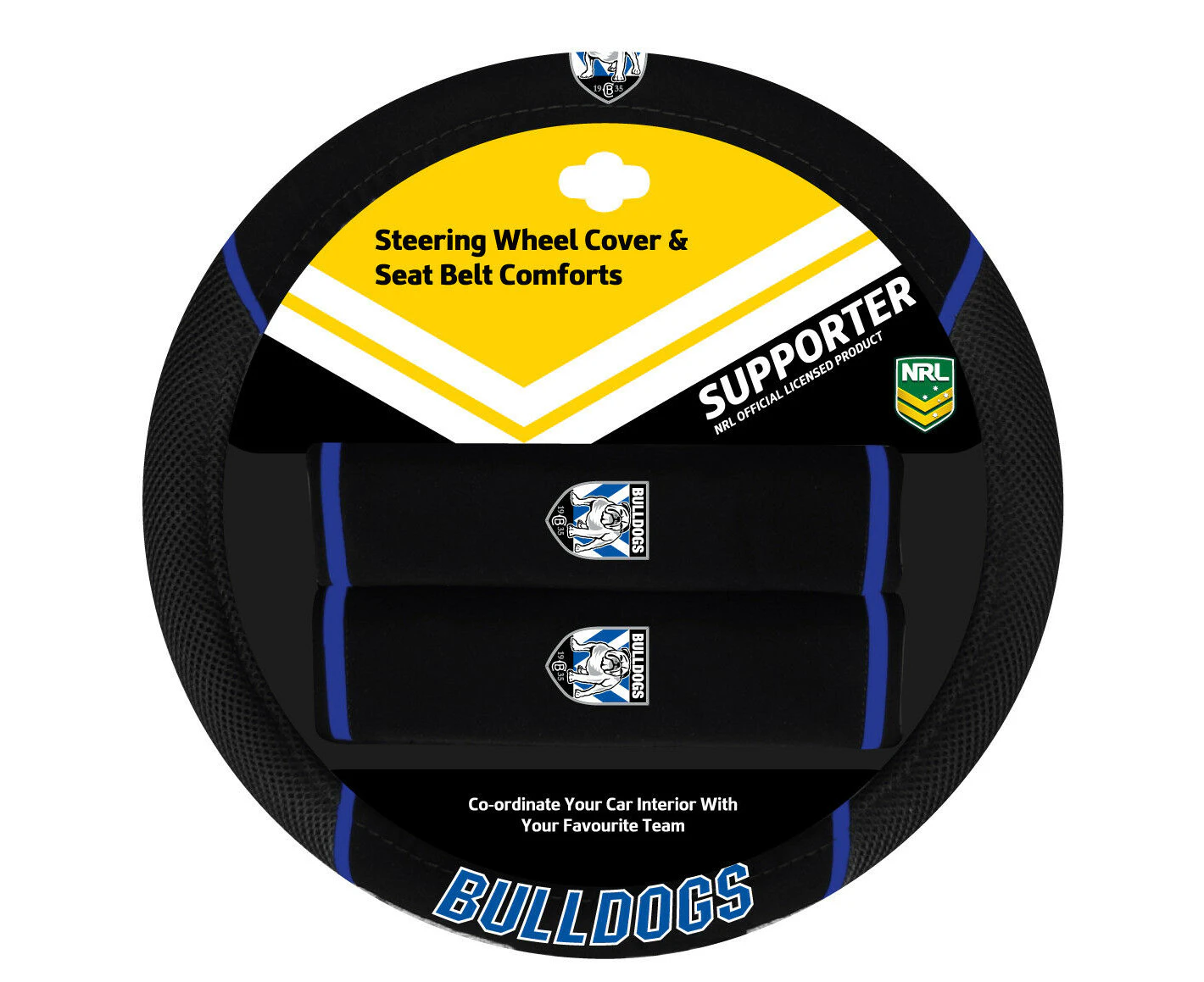 CANTERBURY BULLDOGS Official NRL Steering Wheel Cover and Seat Belt Cover Set