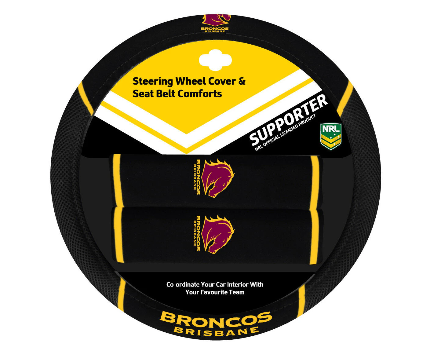 BRISBANE BRONCOS Official NRL Steering Wheel Cover and Seat Belt Cover Set Universal