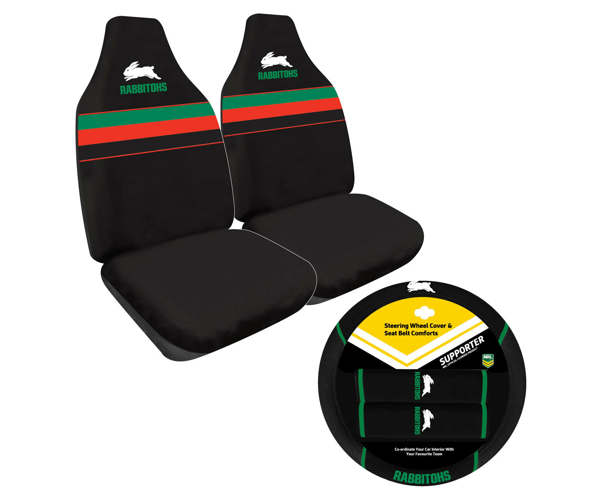 SOUTH SYDNEY RABBITOHS Official NRL Seat Cover and Steering Wheel Cover Combo