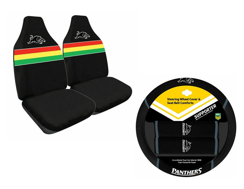 PENRITH PANTHERS Official NRL Seat Cover and Steering Wheel Cover Combo - Black