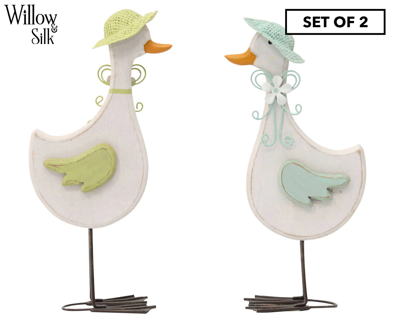 Set of 2 Willow & Silk French Country Glamorous Duck Pair - Green/Blue/Distressed White