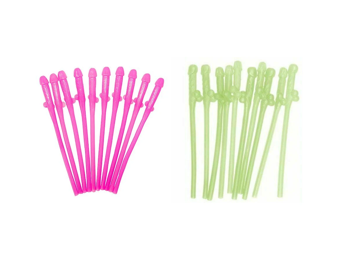 20 Pink Glow In The Dark Willy Drinking Hens Night Games Party Penis Dick Straws - Pink & Glow