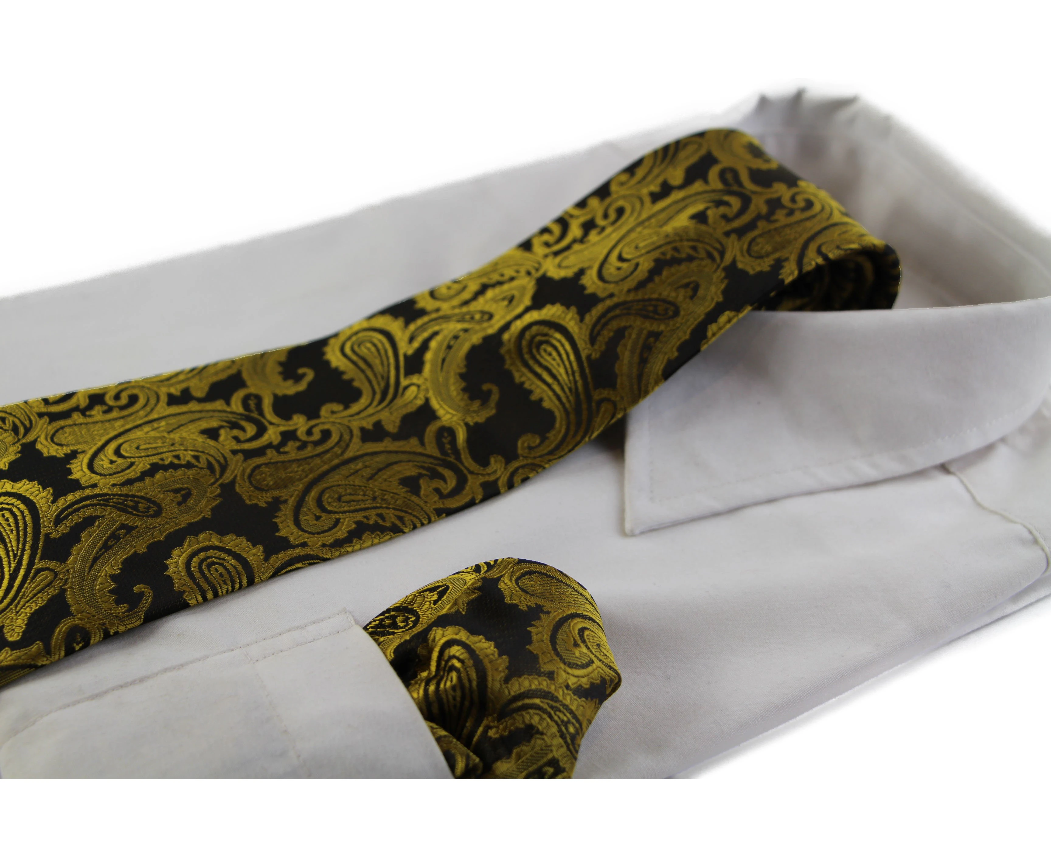 Mens Black & Mustard Gold Paisley Patterned Neck Tie & Matching Pocket Square Set Polyester