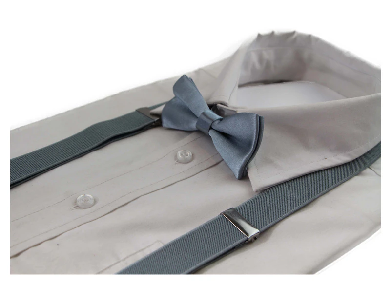 Boys Adjustable Grey 65cm Suspenders & Matching Bow Tie Set Polyester