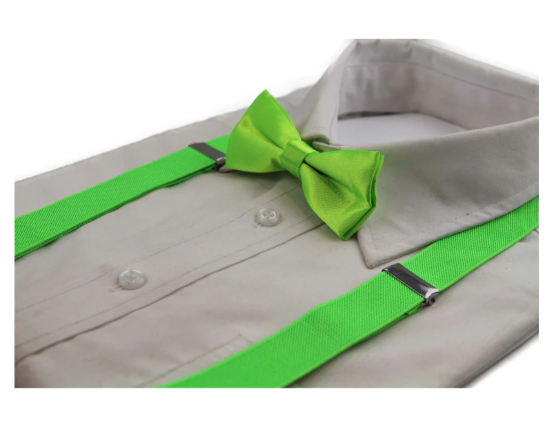 Boys Adjustable Fluro Green 65cm Suspenders & Matching Bow Tie Set Polyester