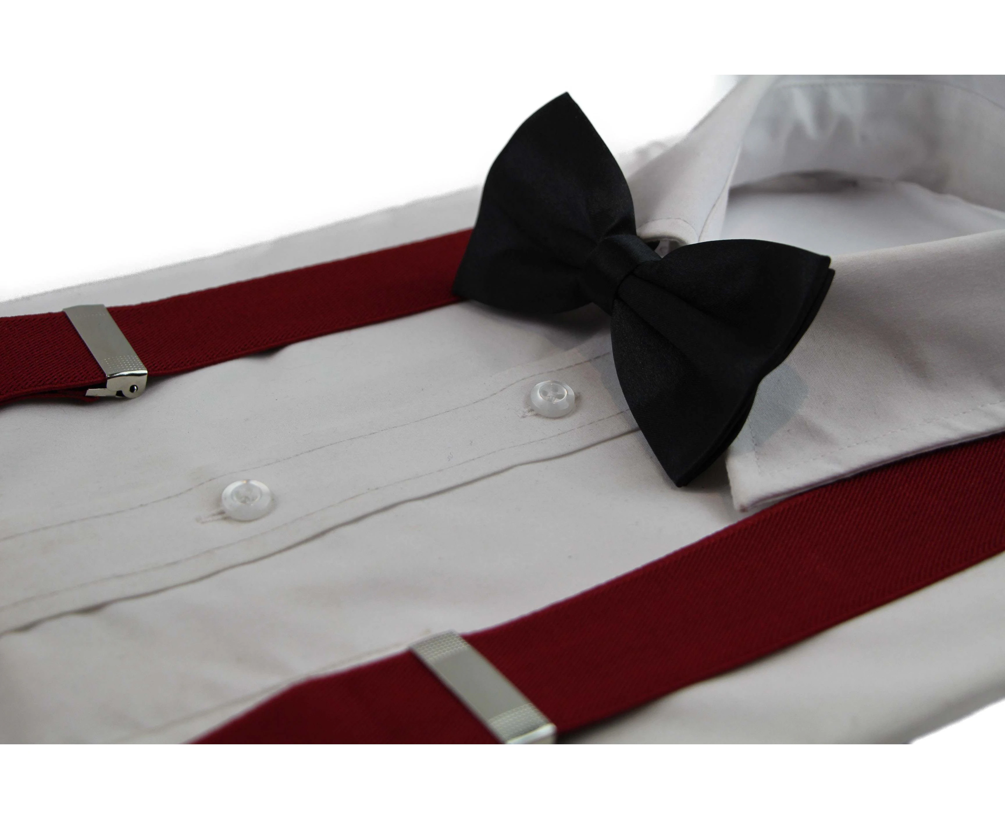 Mens Maroon 100cm Wide Suspenders & Black Bow Tie Set Polyester