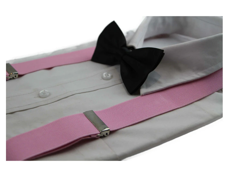 Mens Baby Pink 100cm Wide Suspenders & Black Bow Tie Set Polyester