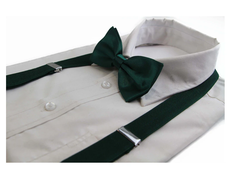 Mens Bottle Green 100cm Suspenders & Matching Bow Tie Set Polyester