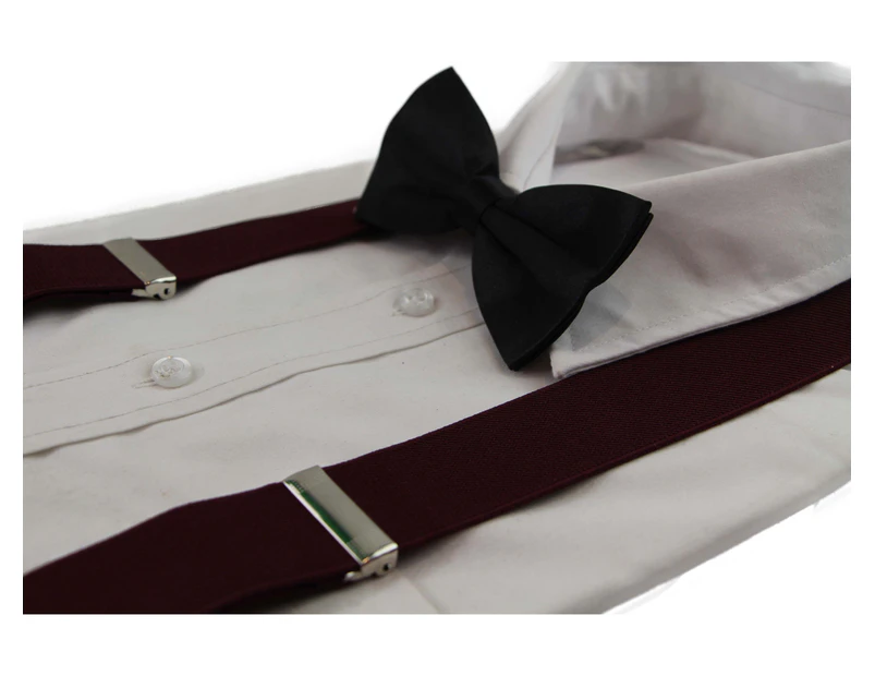 Mens Plum 100cm Wide Suspenders & Black Bow Tie Set Polyester
