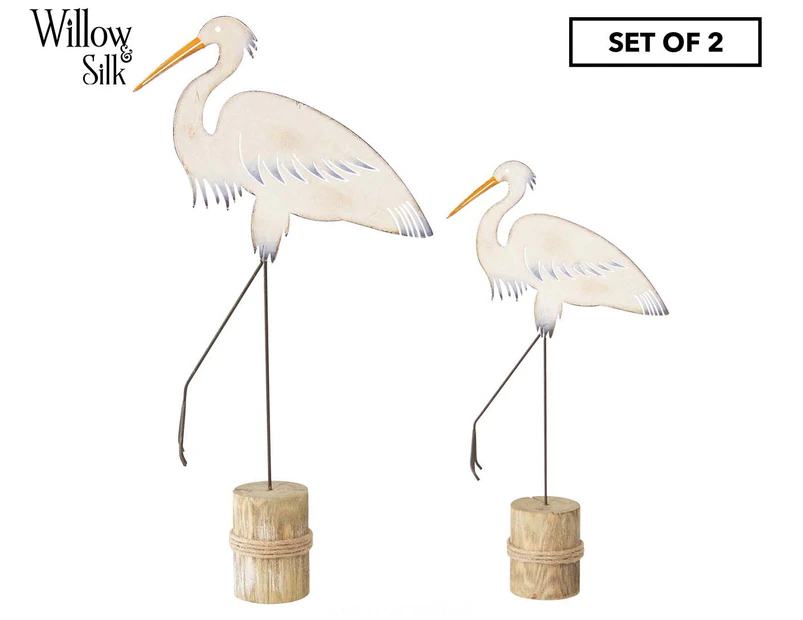 Set of 2 Willow & Silk Coastal Herons on Wooden Stumps - Multi