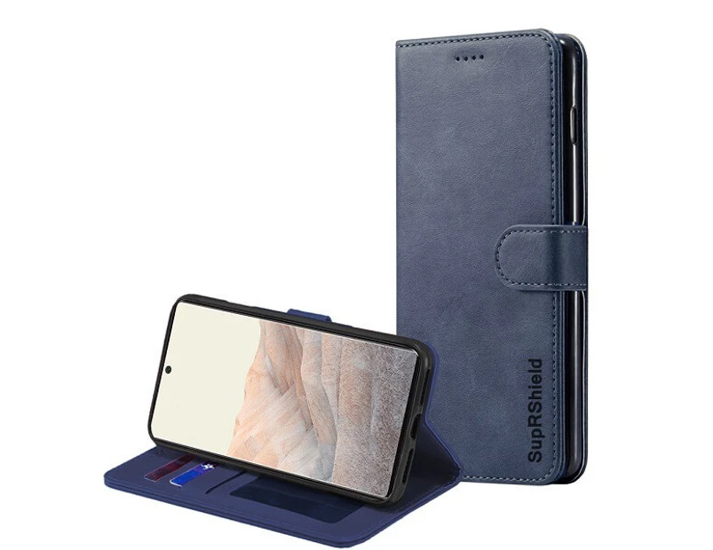 For Google Pixel 6 Wallet Case Flip Leather Card Slots Shockproof Magnetic Stand Cover (Navy Blue)