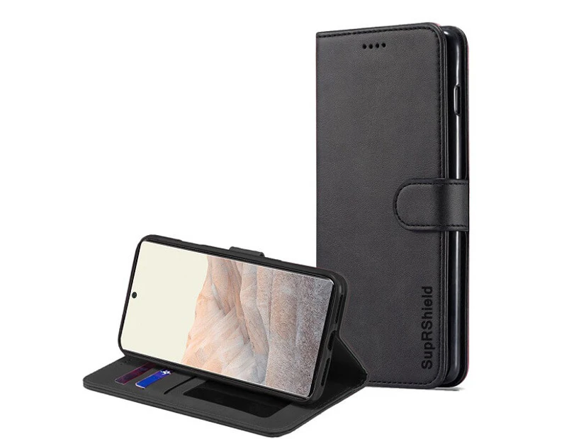 For Google Pixel 6 Pro Wallet Case Flip Leather Card Slots Shockproof Magnetic Stand Cover (Black)