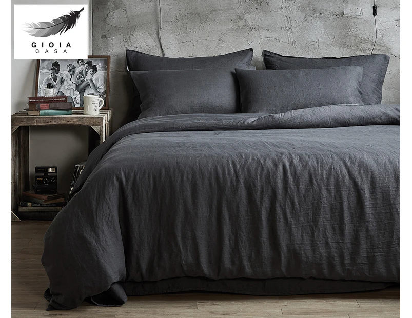 Gioia Casa Vintage Washed French Linen Bed Quilt Cover Set - Charcoal