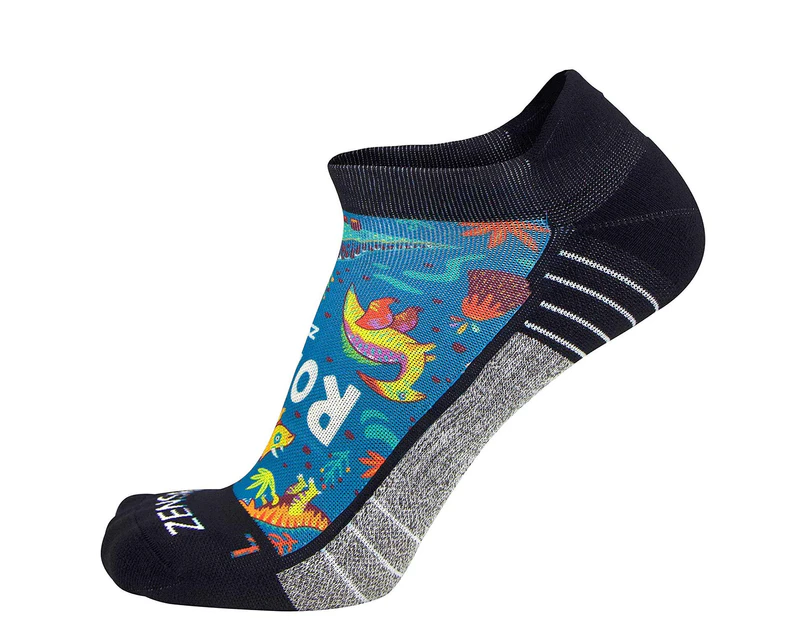 (Small, Dinosaurs-Teal) - Zensah Limited Edition No-Show Running Socks - Anti-Blister Comfortable Moisture Wicking Sport Socks for Men and Women