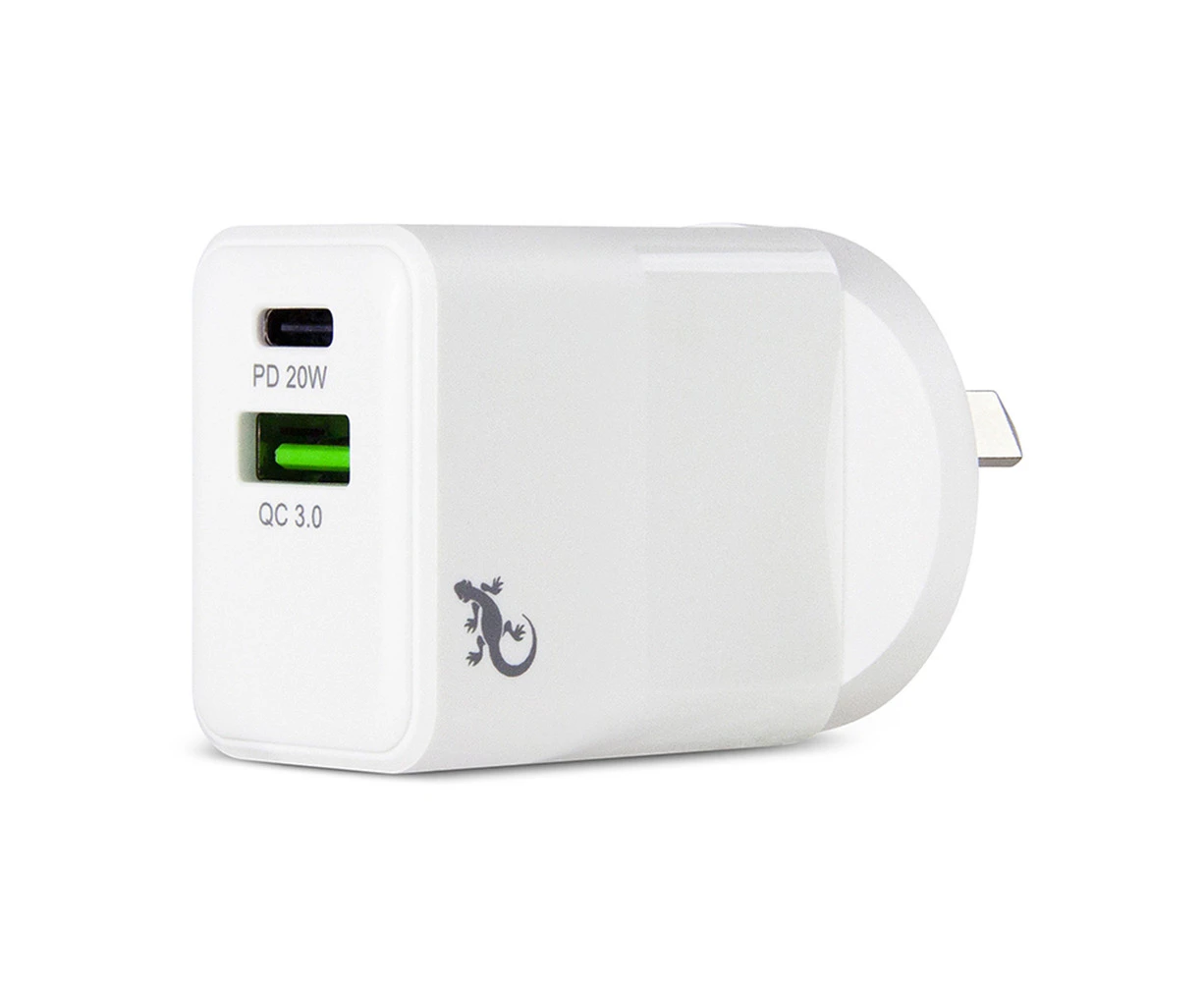 Gecko 20W PD Dual Port USB-C & USB-A Wall Charger 240V Smart/Fast Charging White