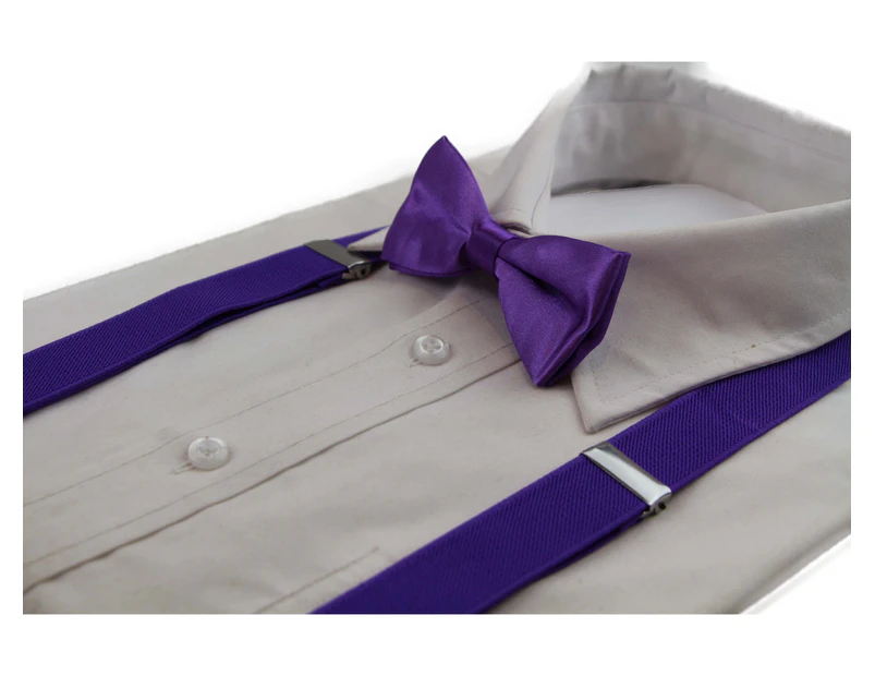 Boys Adjustable Purple 65cm Suspenders & Matching Bow Tie Set Polyester
