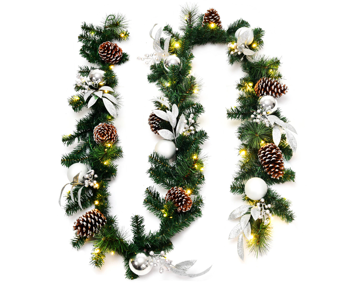 Giantex 270CM Christmas Wreath Rattan w/ 50 LED Lights Timer Xmas Pine Garland Pinecones Sliver Baubles Hanging Ornament Home Front Door Wall Decor