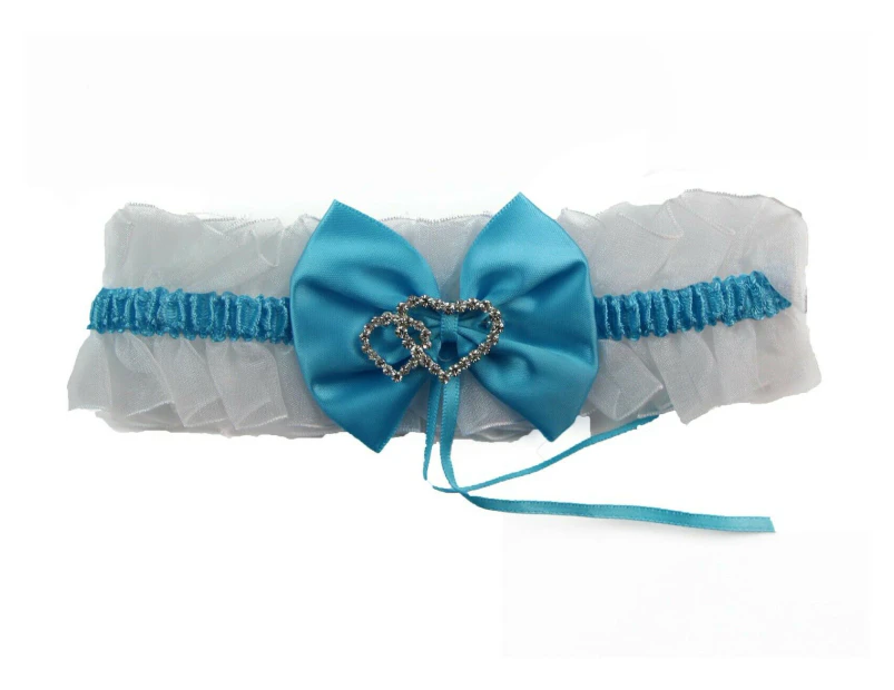 Women Bridal Wedding Garter Satin White Blue Purple Diamante Bow Heart Throw Keep Lace - Blue 2 Hearts