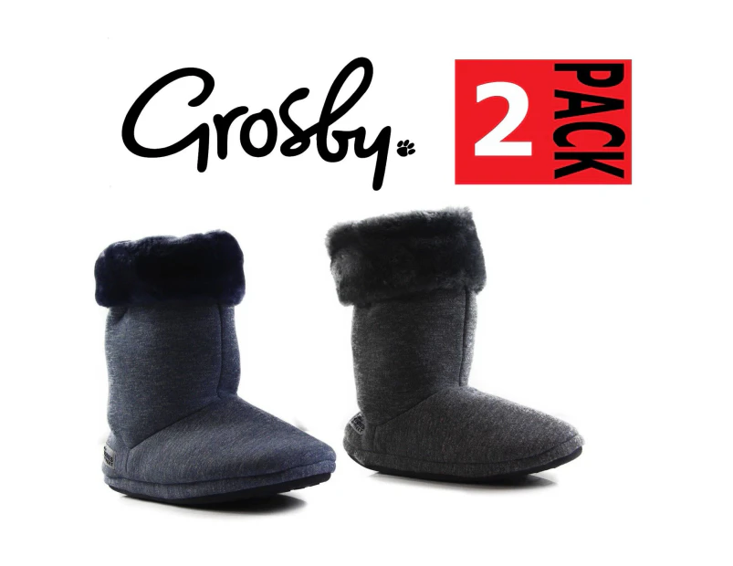 2 Pairs X Womens Grosby Hoodies Boots Plush Fluffy Synthetic - 1 of Each Colour (Navy + Grey)