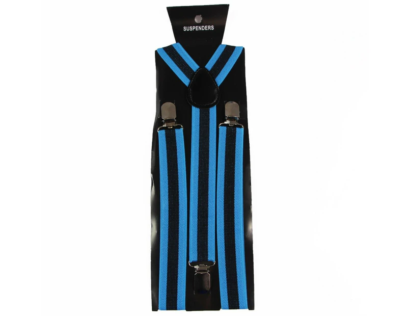 Mens Pattern Print Adjustable Suspenders Braces Costume Womens + Black Bow Tie - Light Blue with Black Stripe