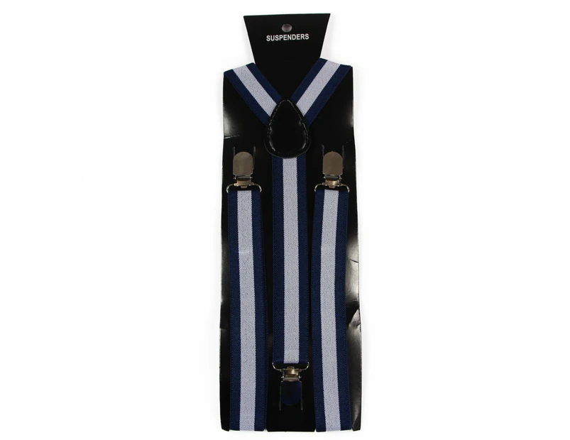 Mens Pattern Print Adjustable Suspenders Braces Costume Womens + Black Bow Tie - Navy White Black Stripe