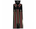 Mens Pattern Print Adjustable Suspenders Braces Costume Womens + Black Bow Tie - Latte Red Navy Stripe 1
