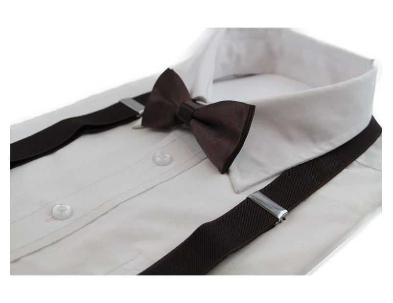 Boys Adjustable Dark Brown 65cm Suspenders & Matching Bow Tie Set Polyester