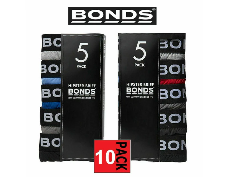 Mens Bonds Elastic Waist Brief 10 Pairs Red Blue Hipster Cotton Jocks M8dm5t Cotton - 1 of each Pack