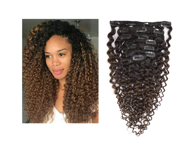 (41cm , Ombre #1B/4 Curly) - Clip in Human Hair Extensions Afro Jerry Curly 3B 3C Real Hair Clip in Extensions For Black Women Natural Black Colour 100% Br