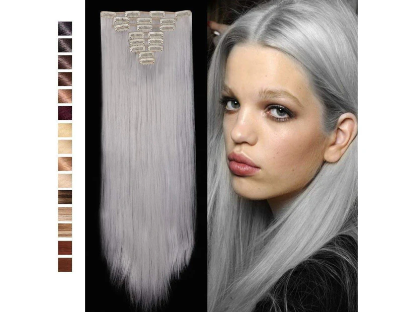 (70cm  - Straight, silver gray) - S-noilite 70cm Long Straight Curly Silver Grey 8 Pieces Clip in on Hair Extensions Full Head Set Thick Hairpiece Syntheti