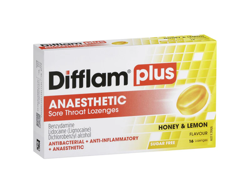Difflam Plus Sore Throat + Anaesthetic Honey & Lemon Lozenges 16