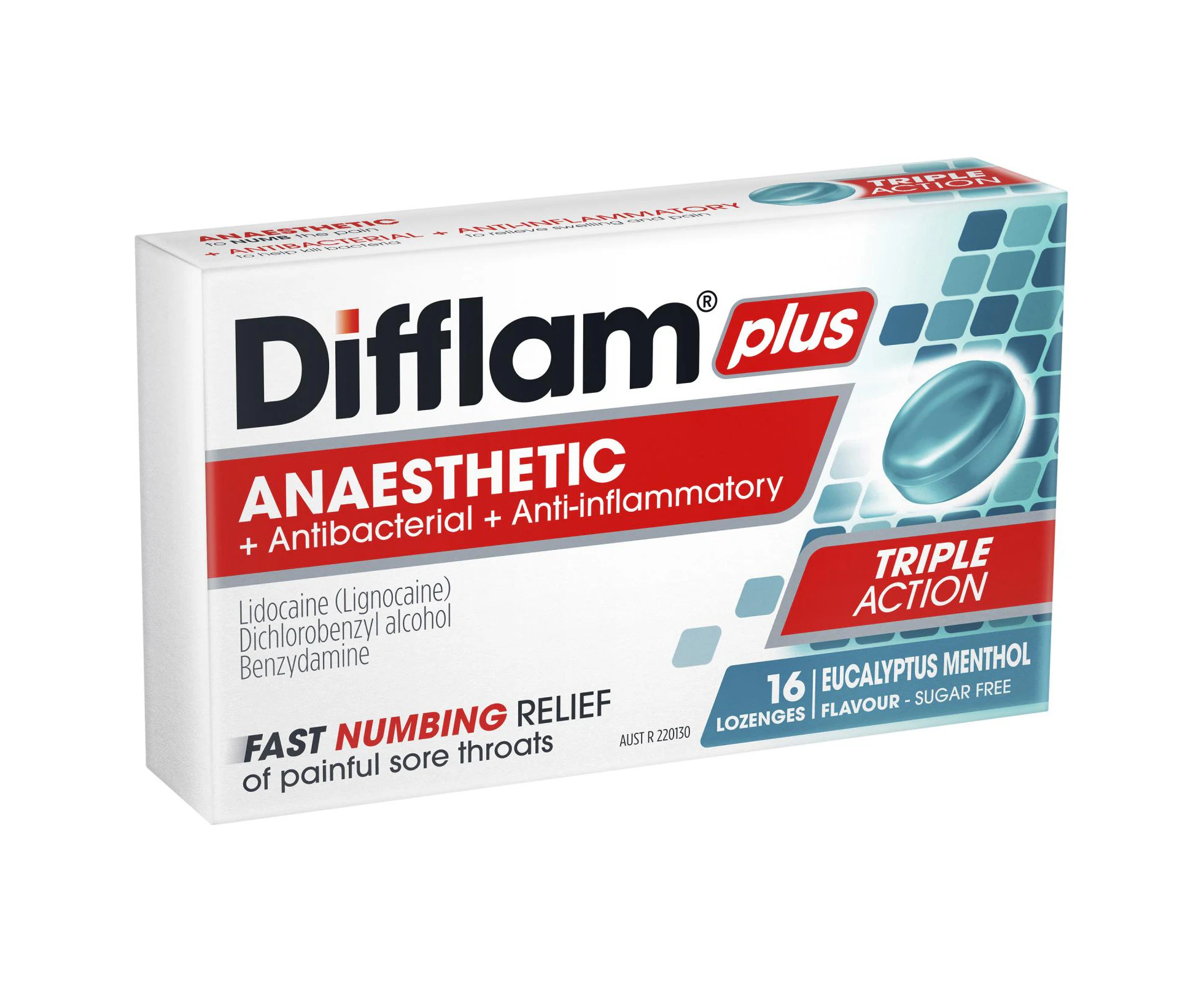 Difflam Plus Sore Throat + Anaesthetic Menthol & Eucalyptus Lozenges 16